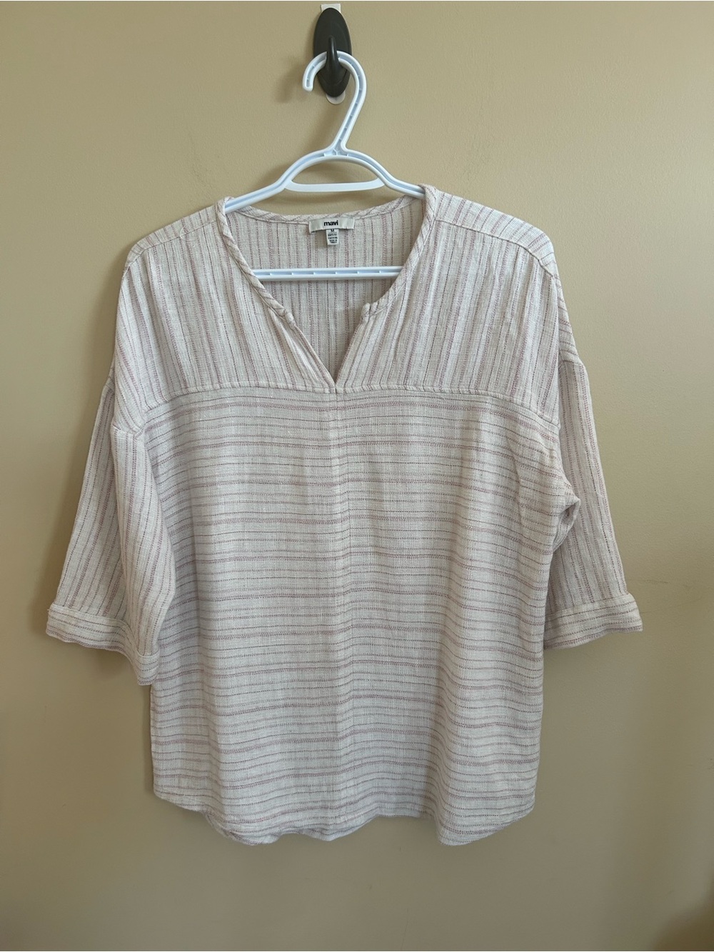 Mavi Cream Tunic with Soft Blush Stripes Split neck/3/4 Sleeve/ Relaxed Top